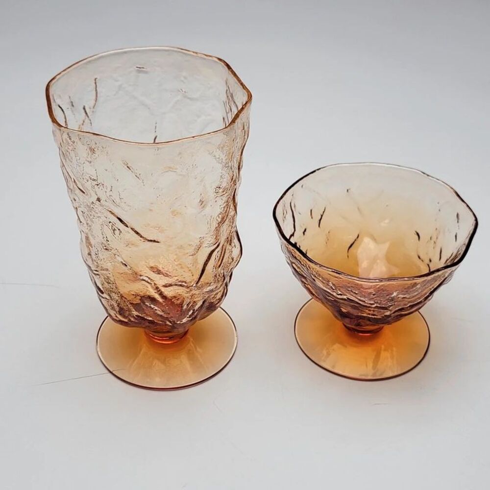 Vintage Seneca Driftwood Amber Glass Footed Goblet Tumbler & Sherbet Bowl MCM